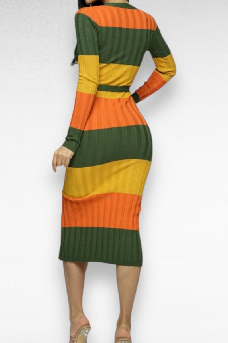 Color Block Buttoned Belted Slit Open Dress