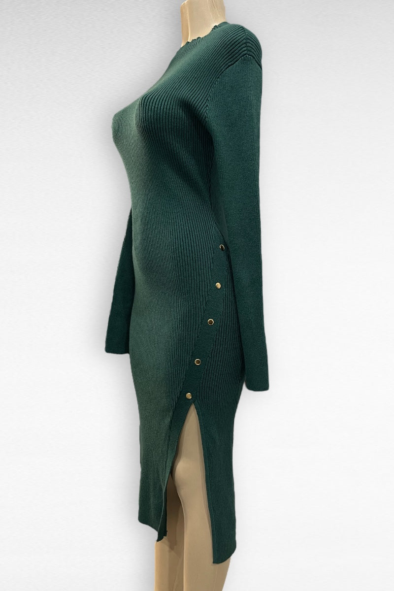 Sweater Button Decorated Slit Open Dress