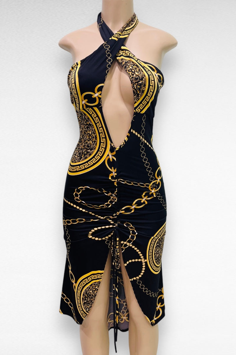 Halter Gold Print Dress