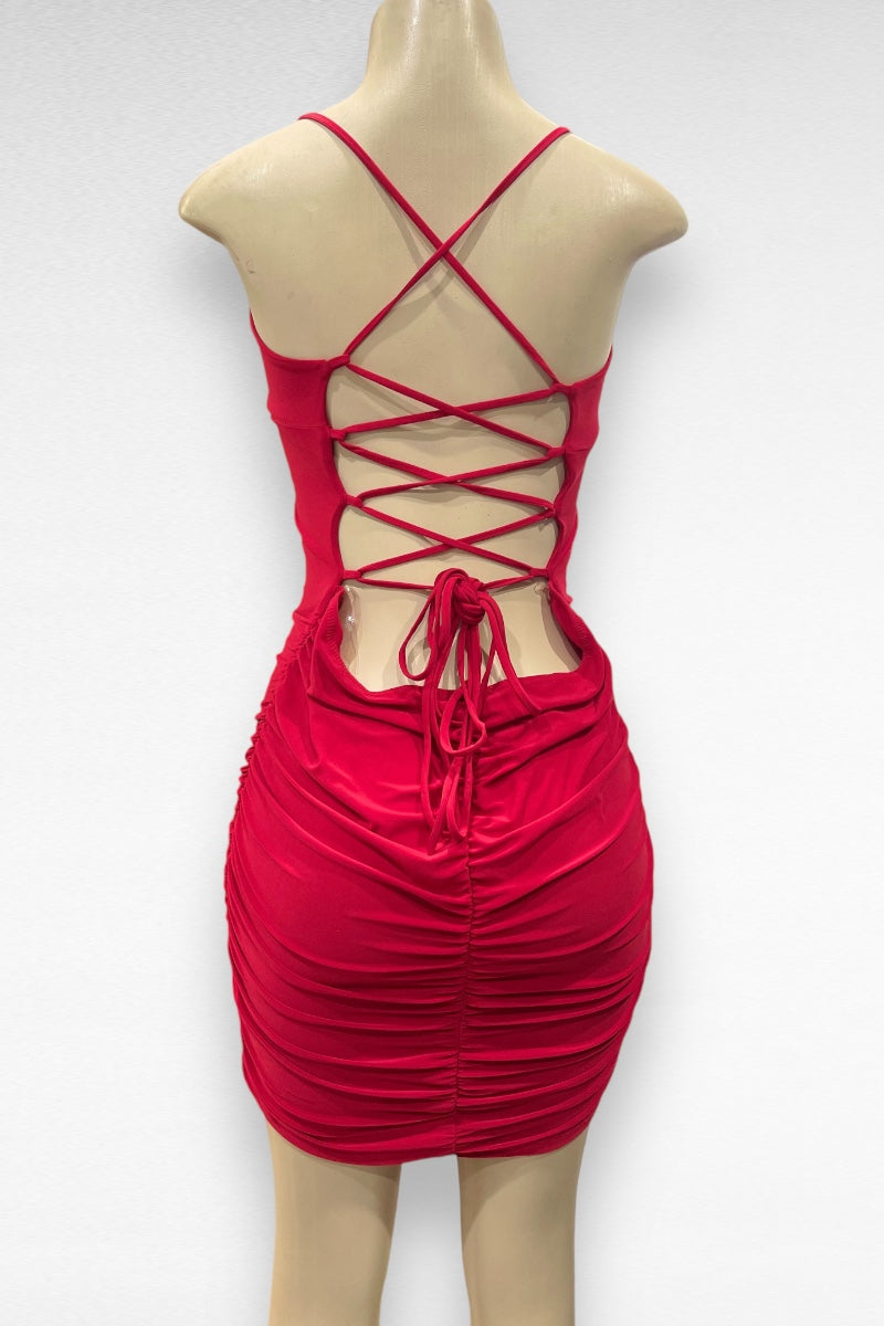 Lace Up Back Ruched Dress - Plus Size - Red