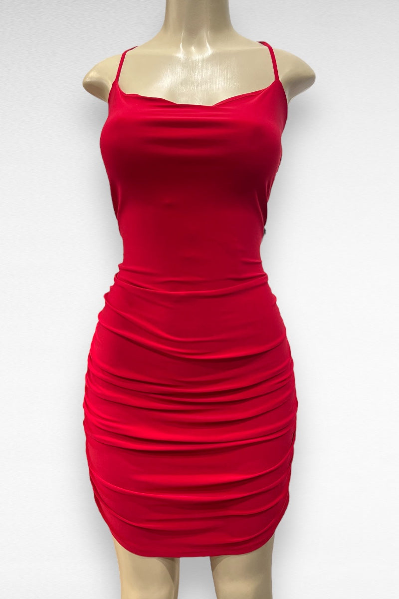 Lace Up Back Ruched Dress - Plus Size - Red