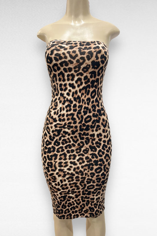 Leopard Print Tube Midi Dress