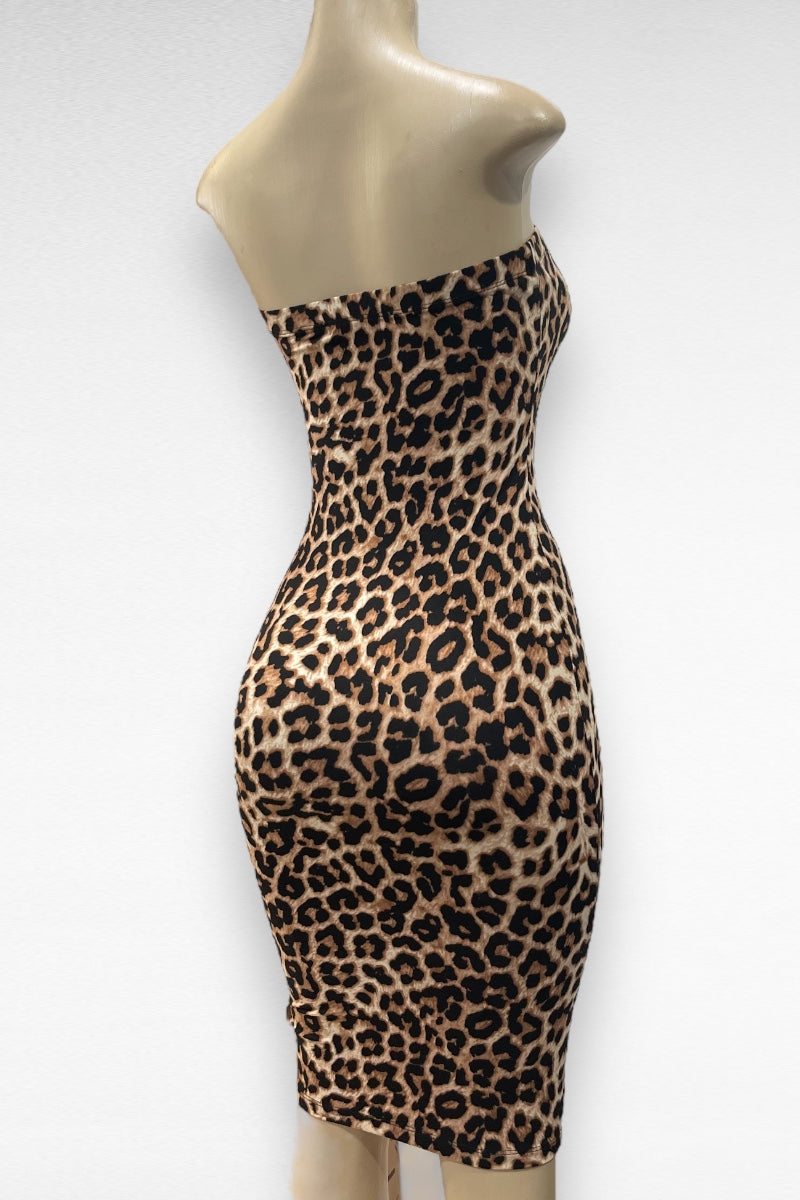 Leopard Print Tube Midi Dress