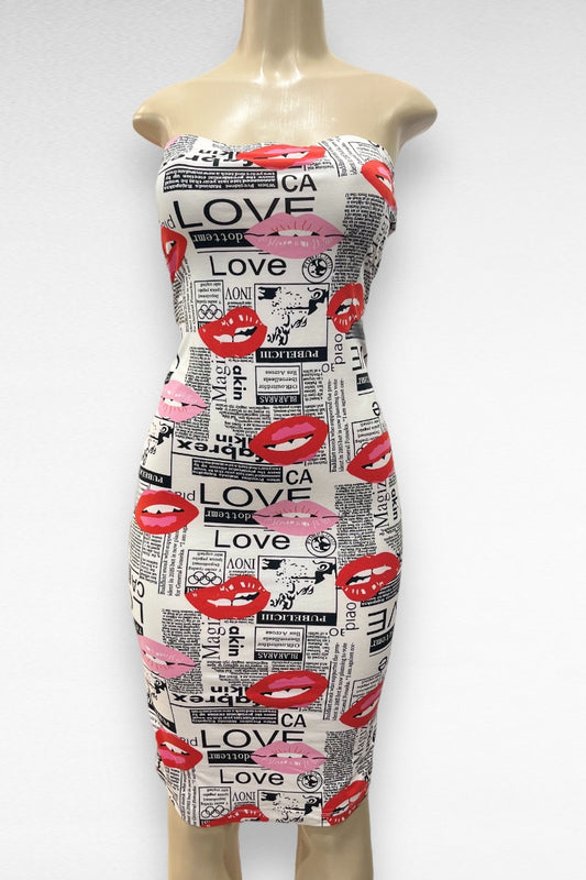 Newspaper Lip Print Tube Midi Dress