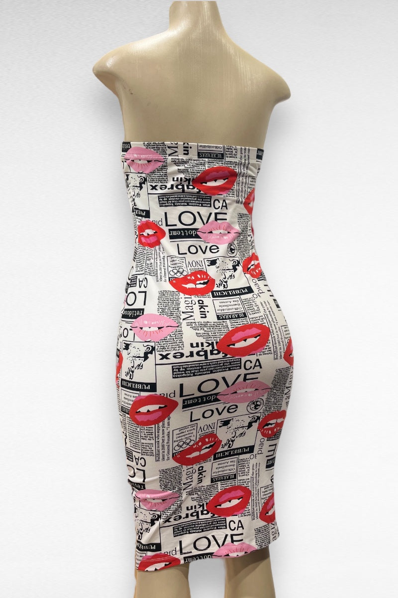 Newspaper Lip Print Tube Midi Dress