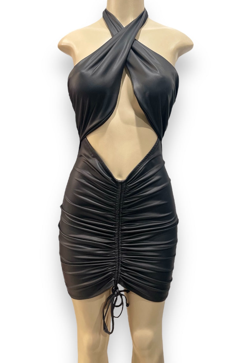 Criss Cross Halter Ruched Faux Leather Dress