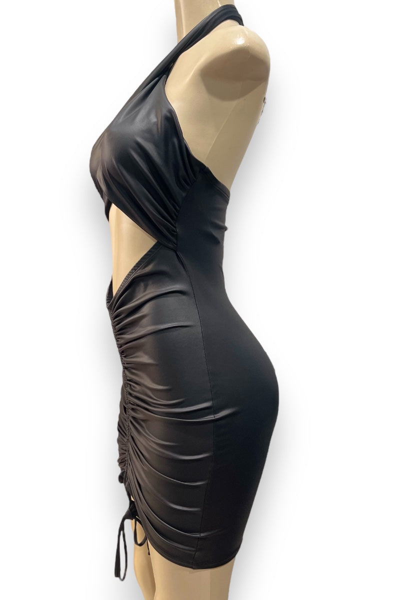 Criss Cross Halter Ruched Faux Leather Dress Black / L Criss Cross Halter Ruched Faux Leather Dress Black / L