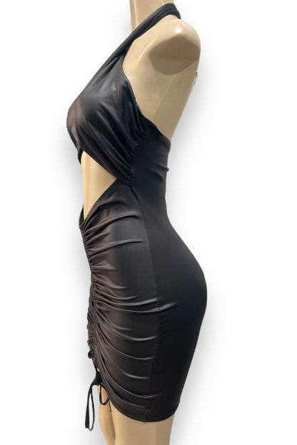Criss Cross Halter Ruched Faux Leather Dress