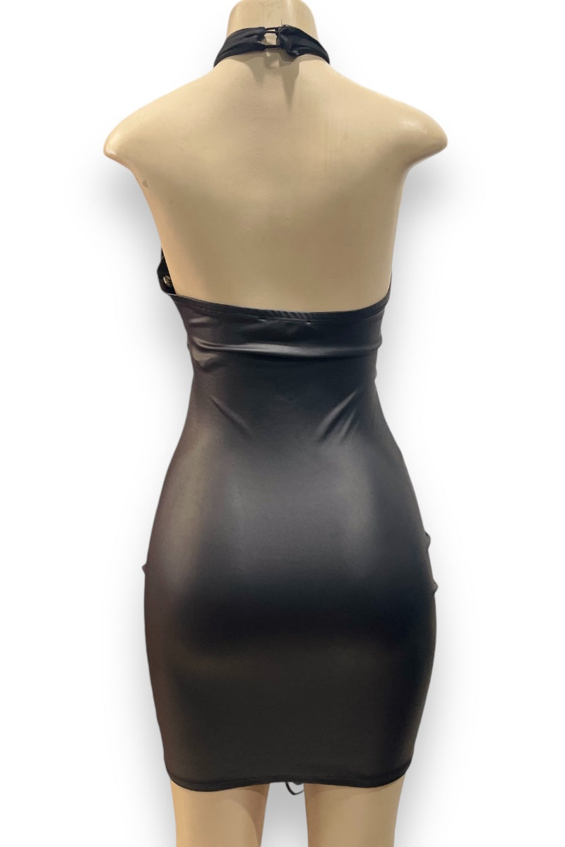 Criss Cross Halter Ruched Faux Leather Dress