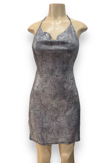 Sequin Pattern Slit Open Halter Dress - Silver