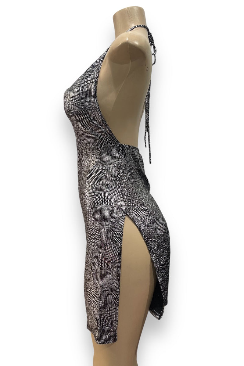 Sequin Pattern Slit Open Halter Dress - Silver