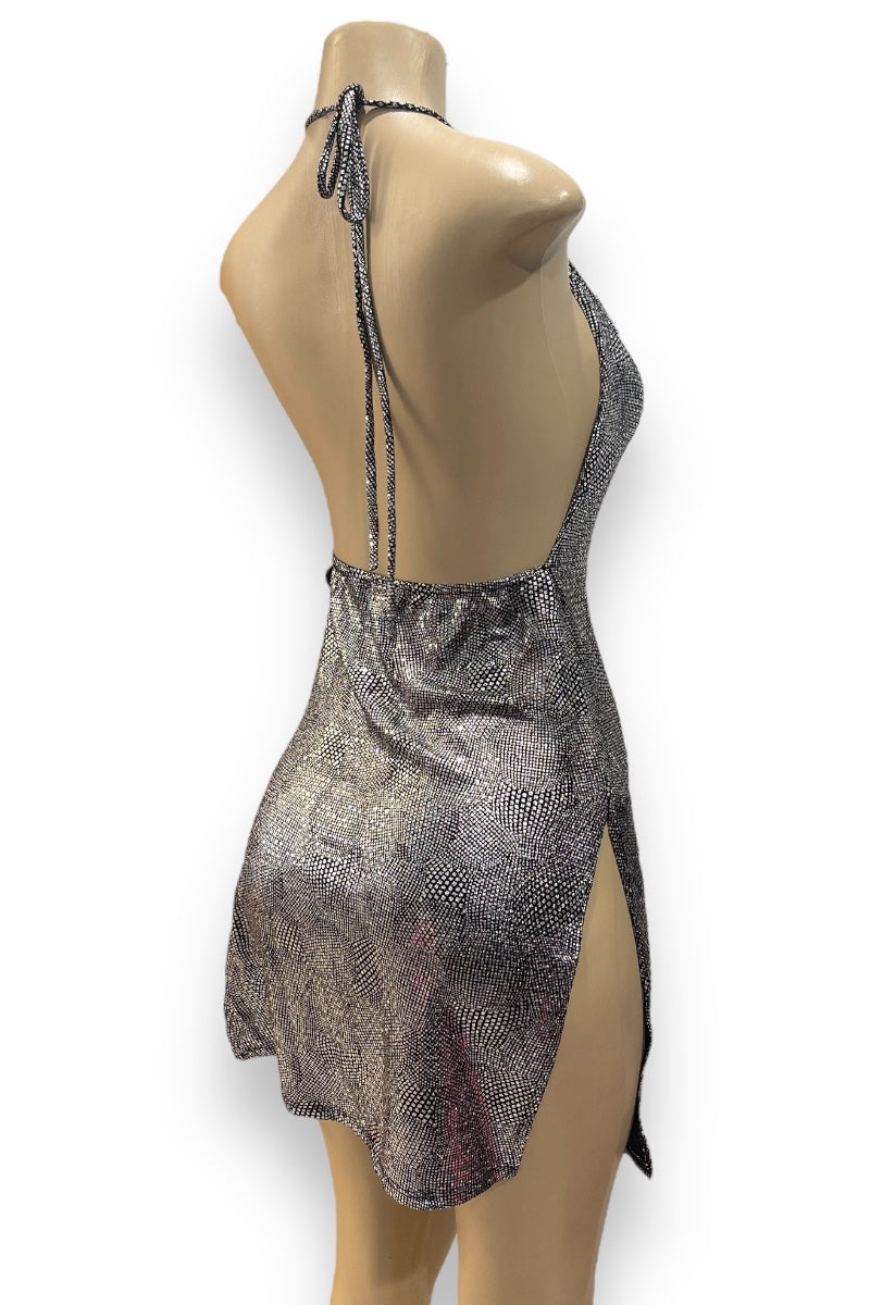 Sequin Pattern Slit Open Halter Dress - Silver