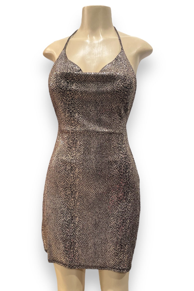 Sequin Pattern Slit Open Halter Dress - Brown