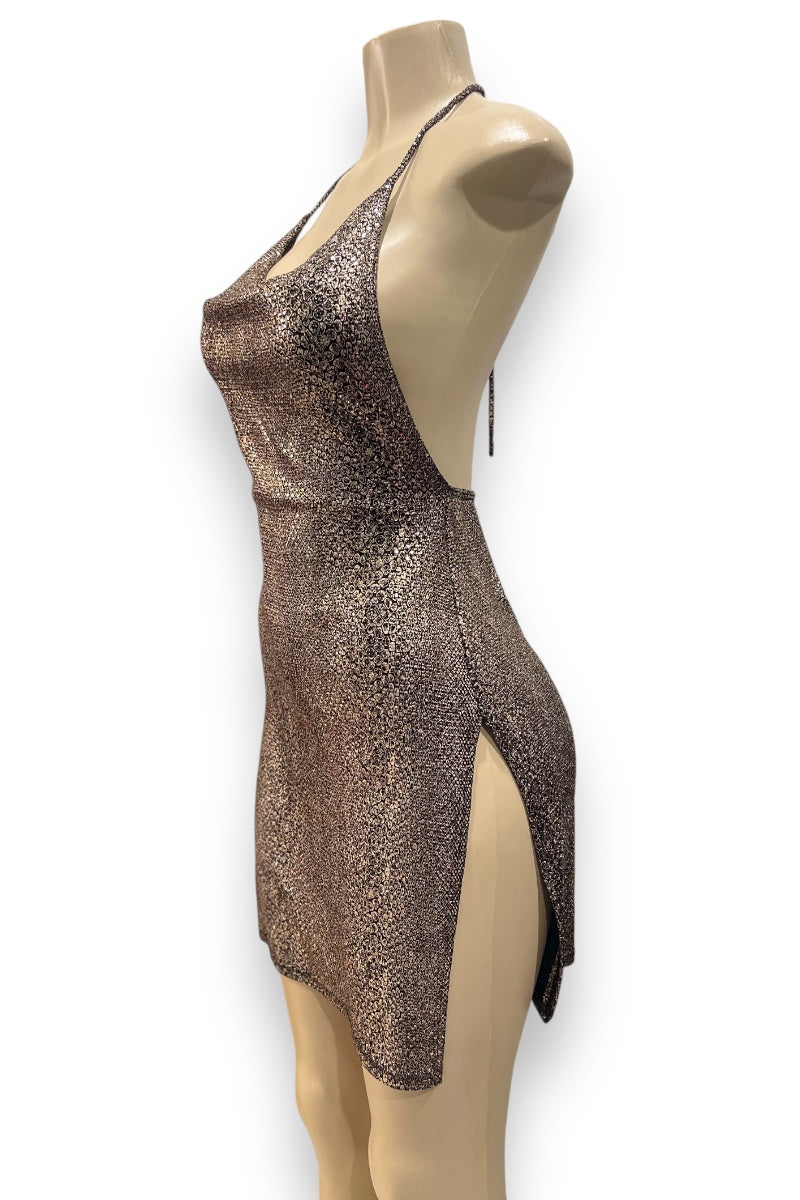 Sequin Pattern Slit Open Halter Dress - Brown