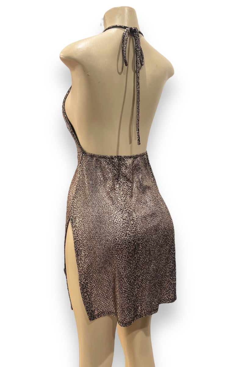 Sequin Pattern Slit Open Halter Dress - Brown