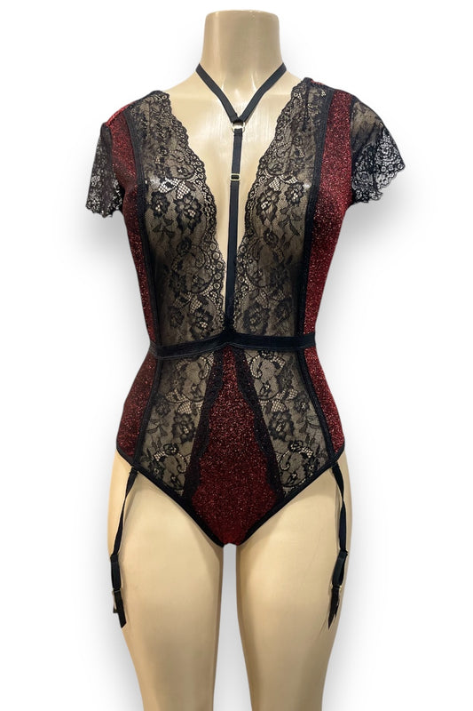 Lurex & Lace Low V Bodysuit With Attached Garters