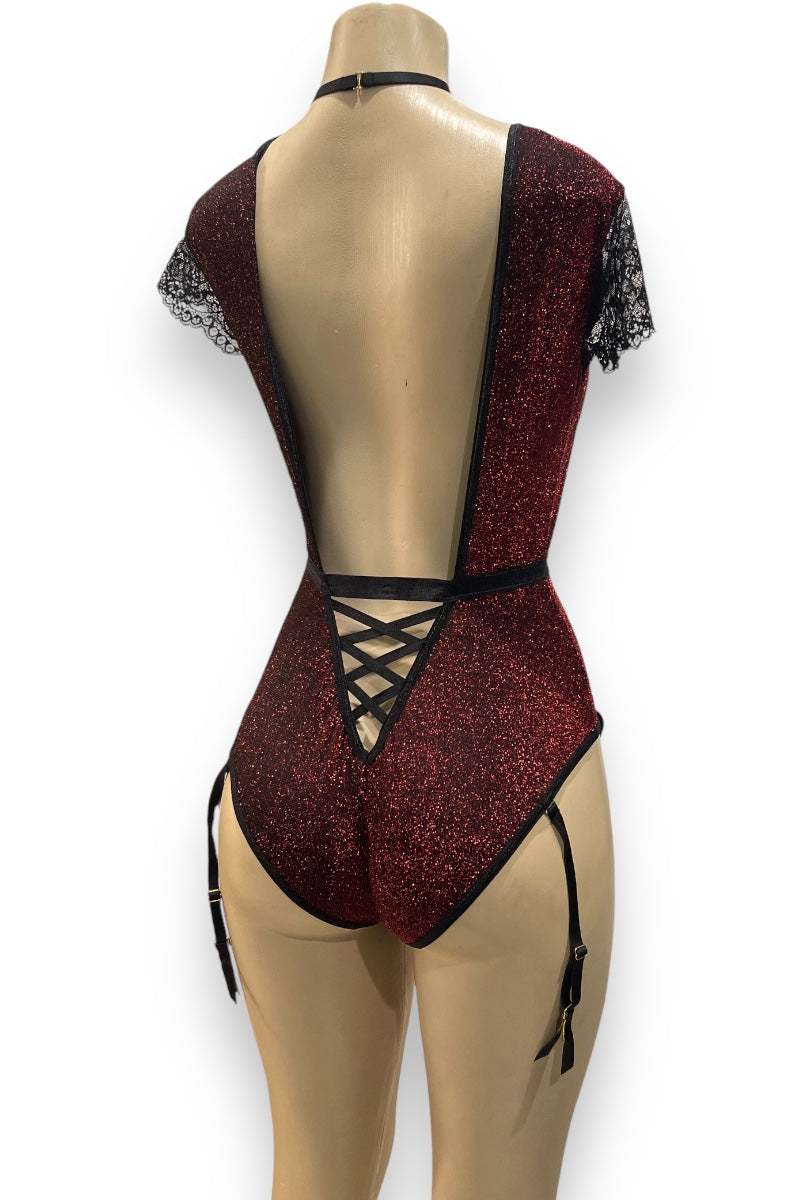 Lurex & Lace Low V Bodysuit With Attached Garters