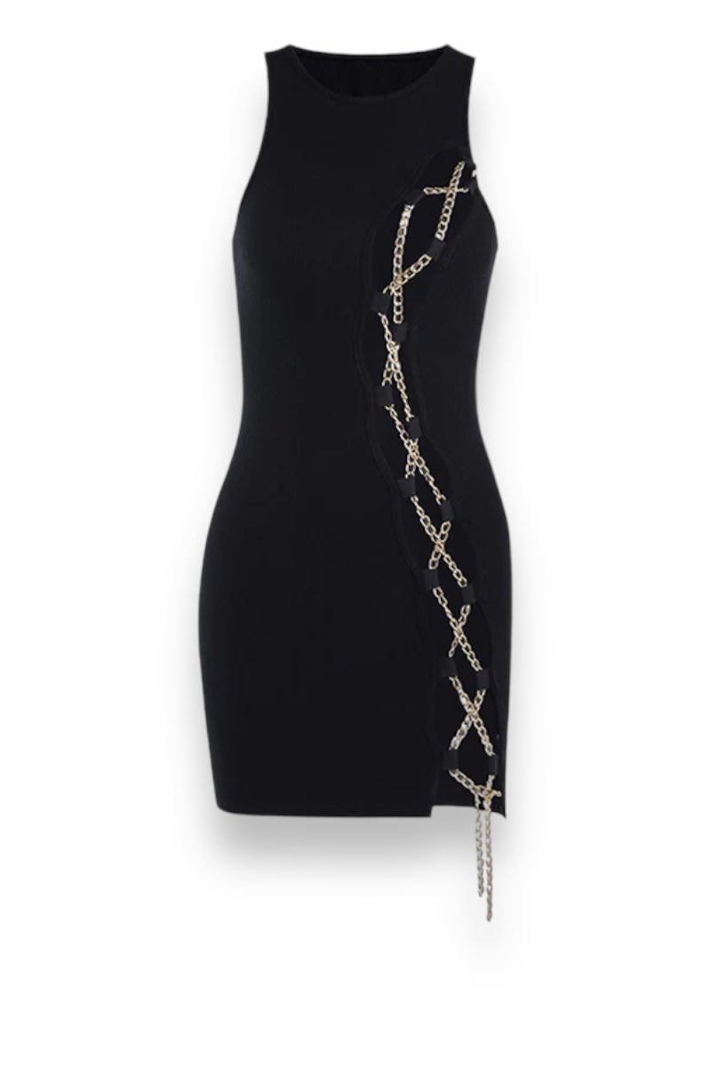 Golden Lace Up Chains Ribbed Dress