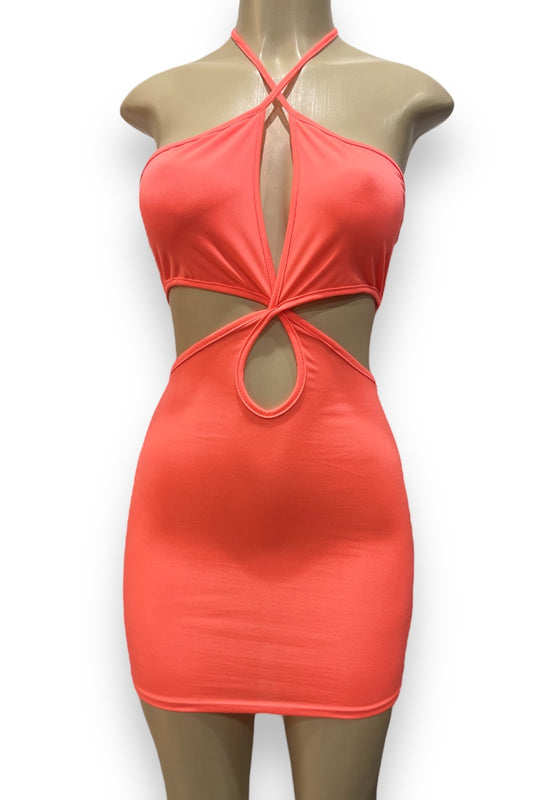 Criss Cross Cut Out Halter Mini Dress - Coral