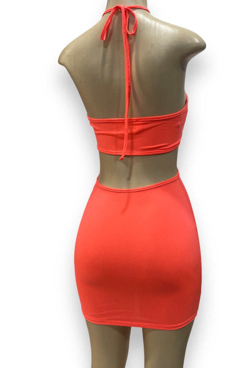 Criss Cross Cut Out Halter Mini Dress - Coral