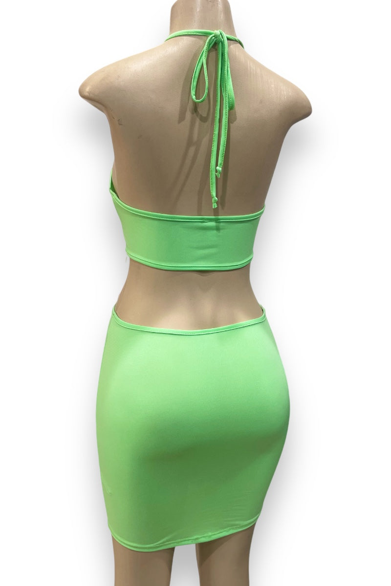 Criss Cross Cut Out Halter Mini Dress - Neon Green