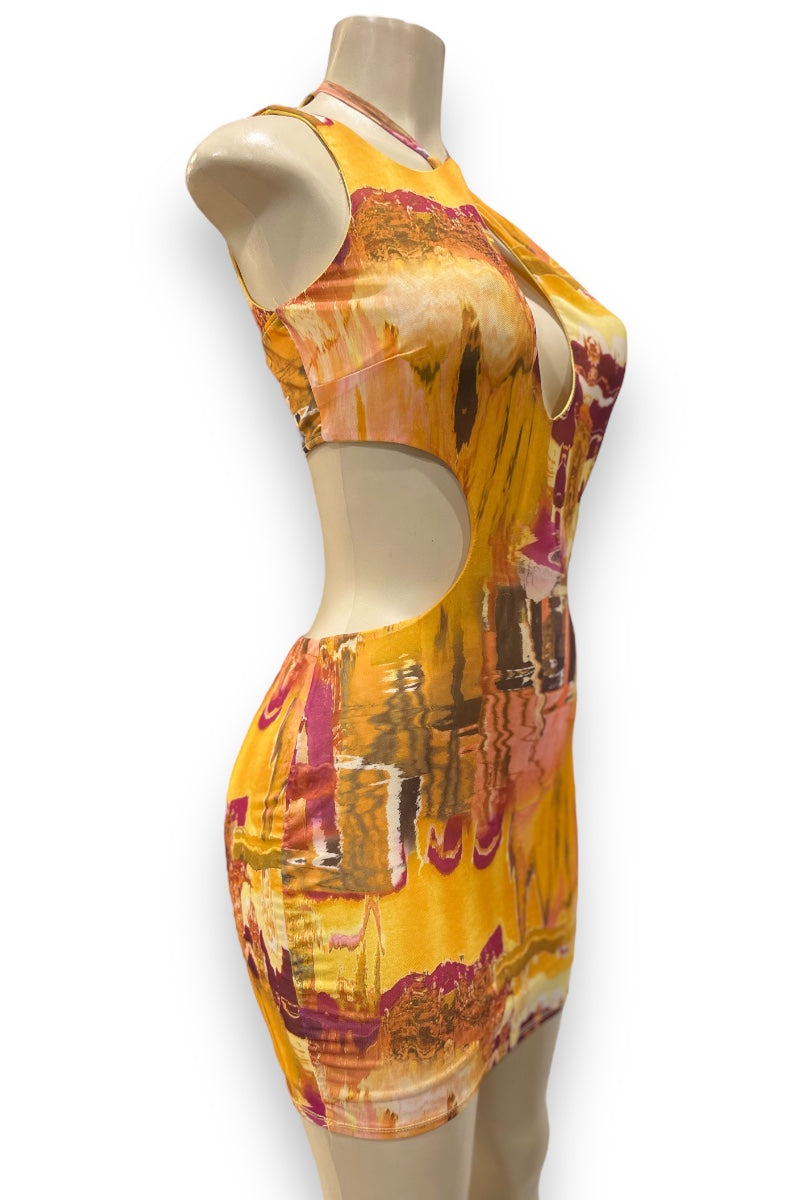 Distorted Print Halter Cut Out Dress