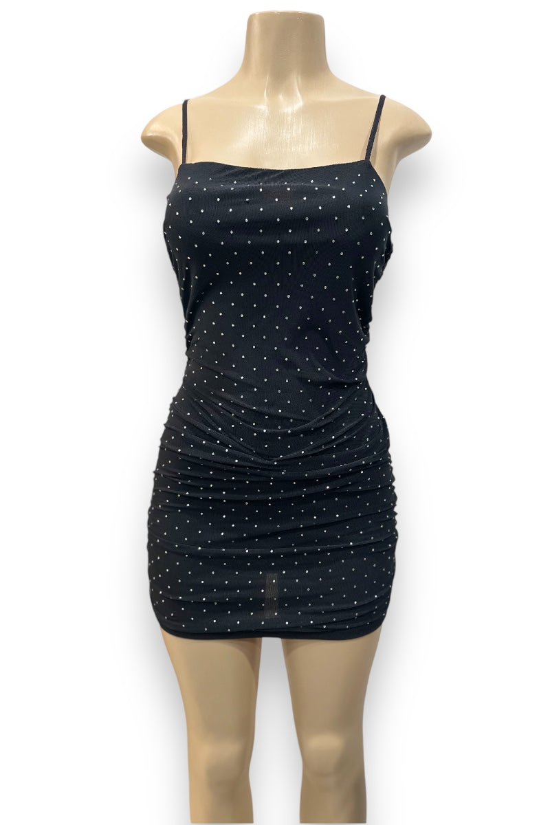 Studded Mesh Ruched Little Mini Dress