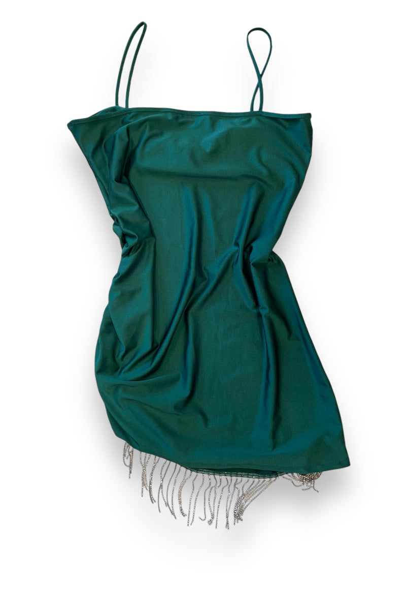 Side Ruched with Rhinestone Fringes Satin Dress