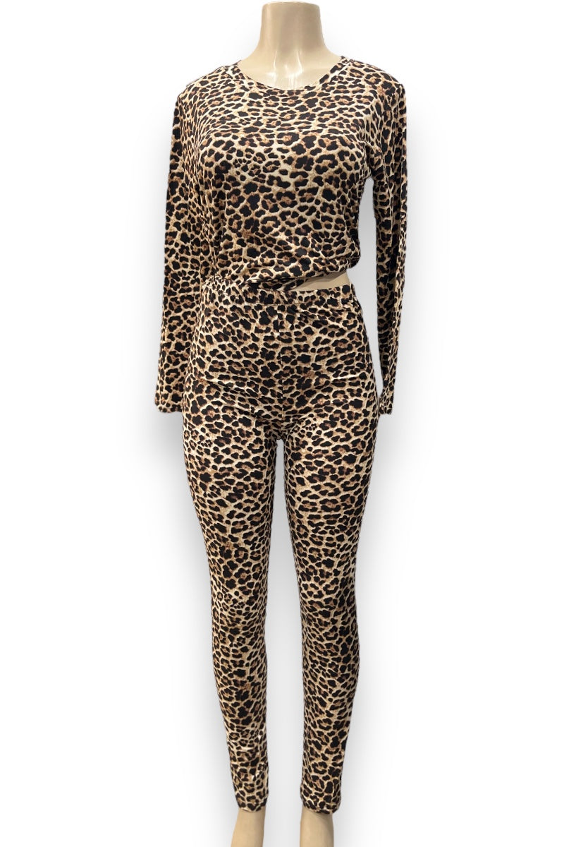 Long Sleeve Leopard Print Top and Leggings Set