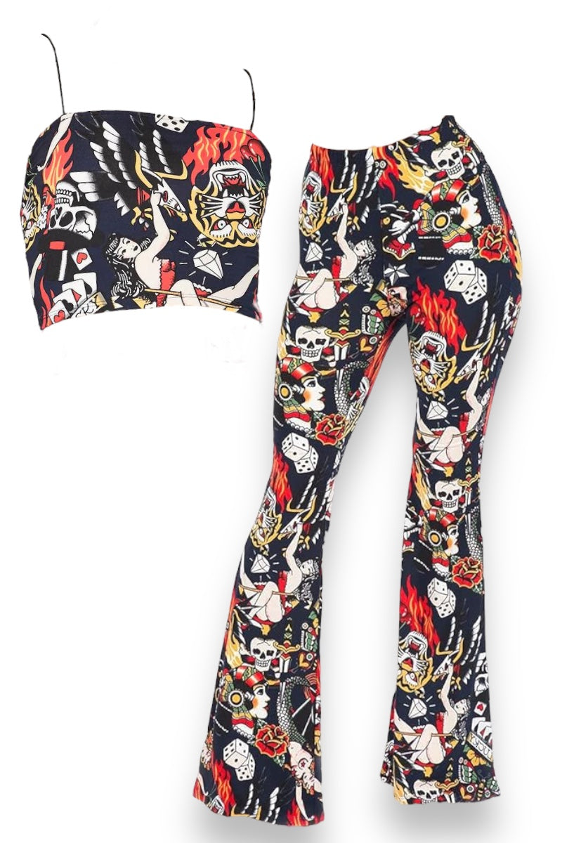 Tattoo Print Cropped Top and Flared Pants