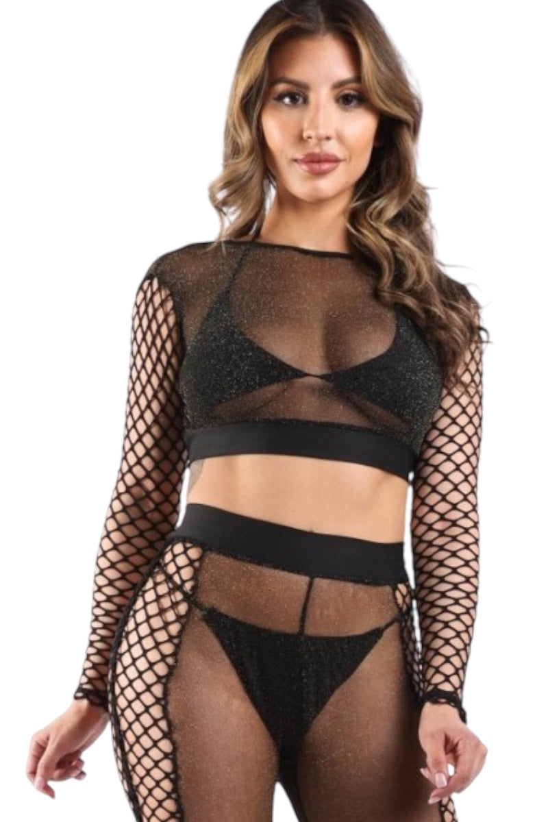 Glitter Mesh Fishnet Top & Leggings Set