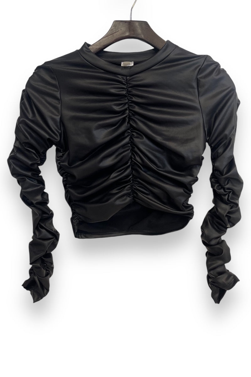 Scrunched Faux Leather Long Sleeve Cropped Top