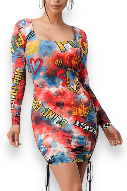 Urban Print Side Open Long Sleeve Dress