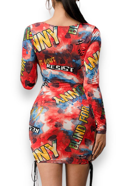 Urban Print Side Open Long Sleeve Dress