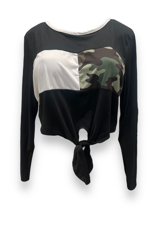 Camo Color Block Knit Self Tie Top 