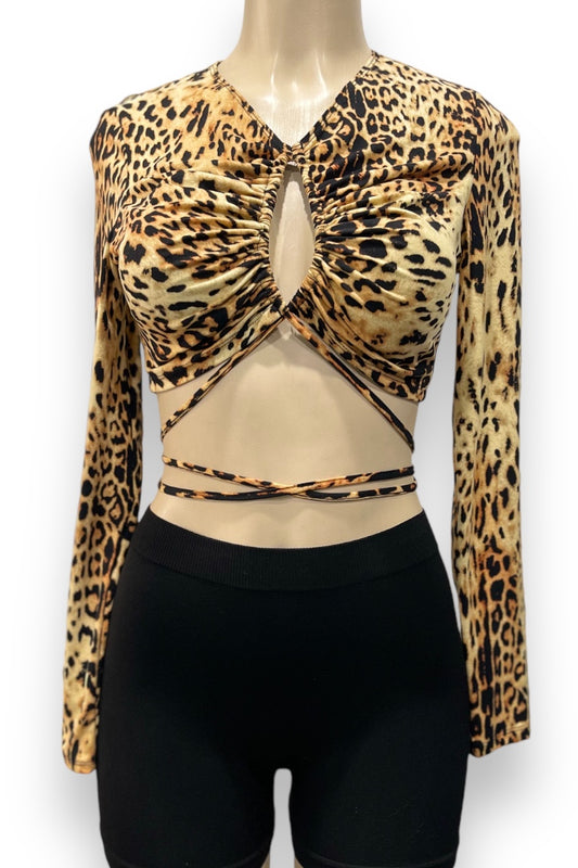 Long Sleeve Animal Print Self Tie Crop Top