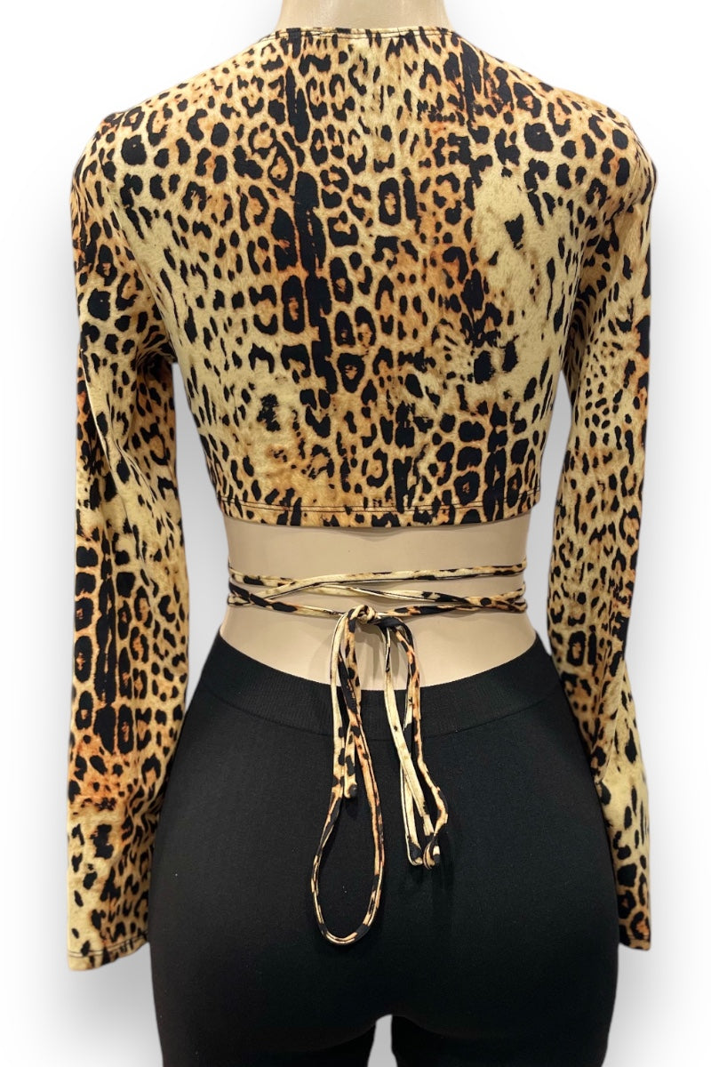 Long Sleeve Animal Print Self Tie Crop Top