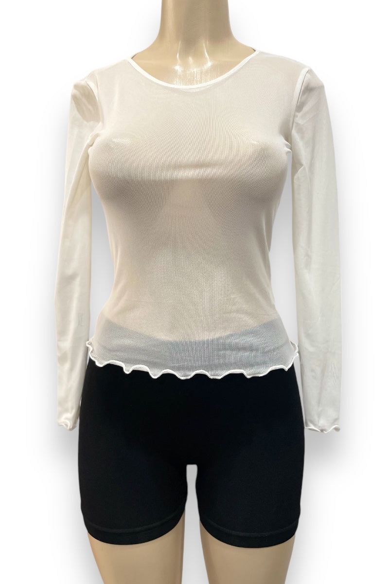 Mesh Long Sleeve Top with Crinkled Hems