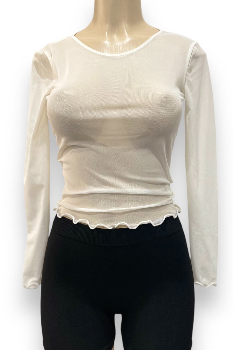 Mesh Long Sleeve Top with Crinkled Hems