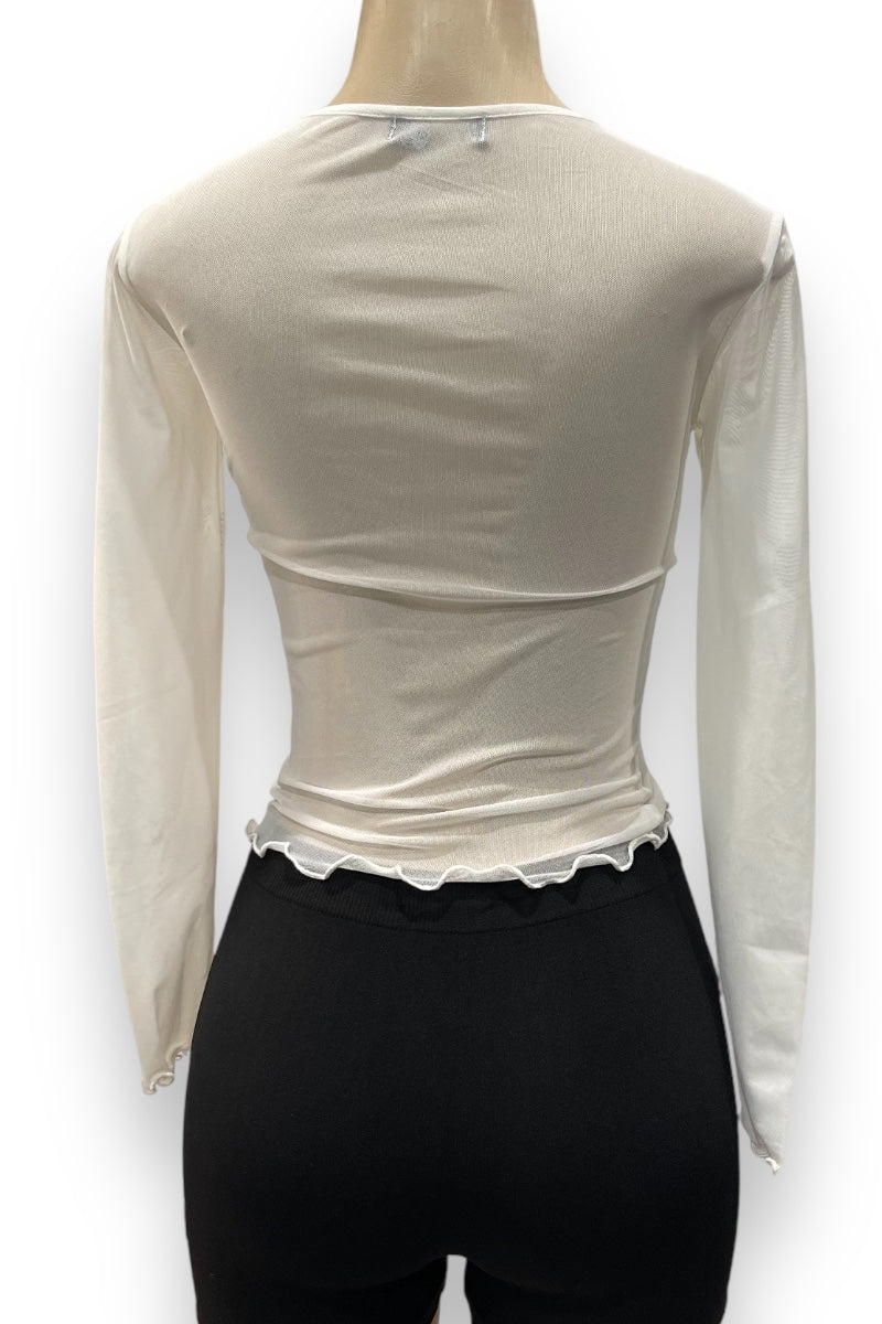 Mesh Long Sleeve Top with Crinkled Hems