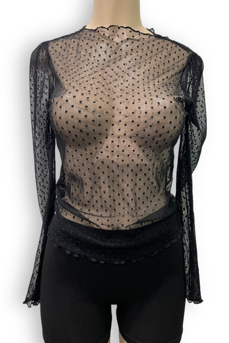 Dotted Mesh Crinkled Hem Top