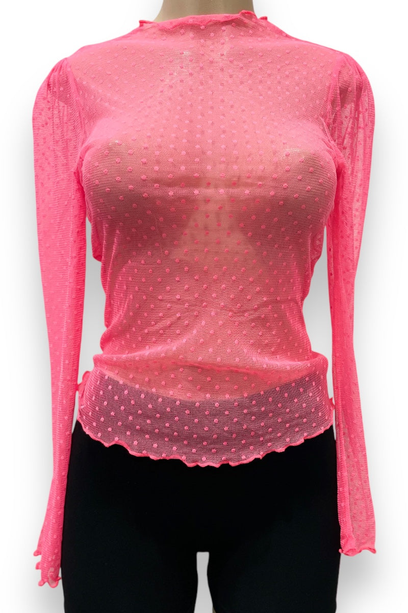 Dotted Mesh Crinkled Hem Top