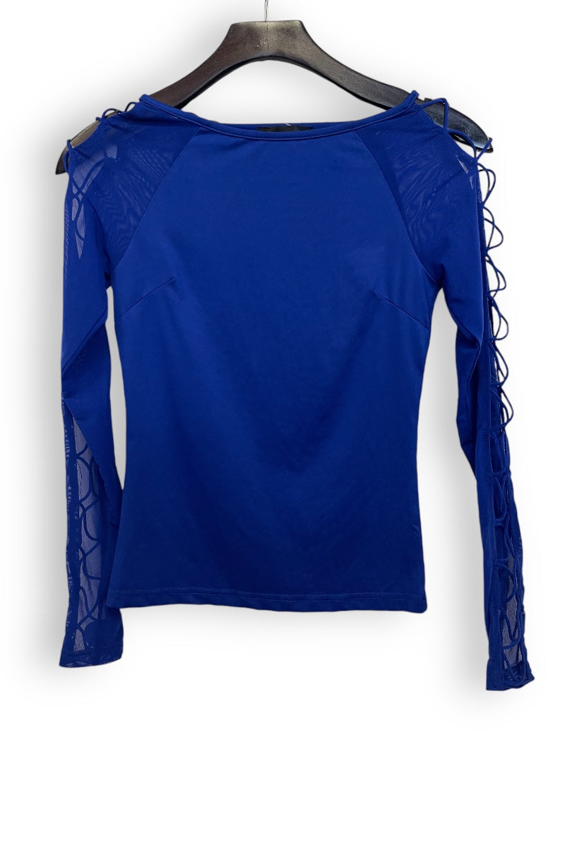 Criss Cross Top W/ Mesh Sleeves - Blue