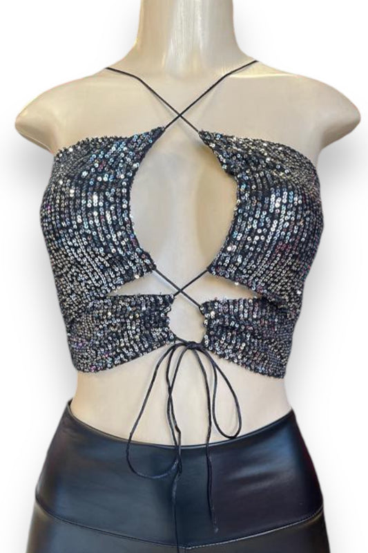 Lace Up Sequin and Satin Crop Top