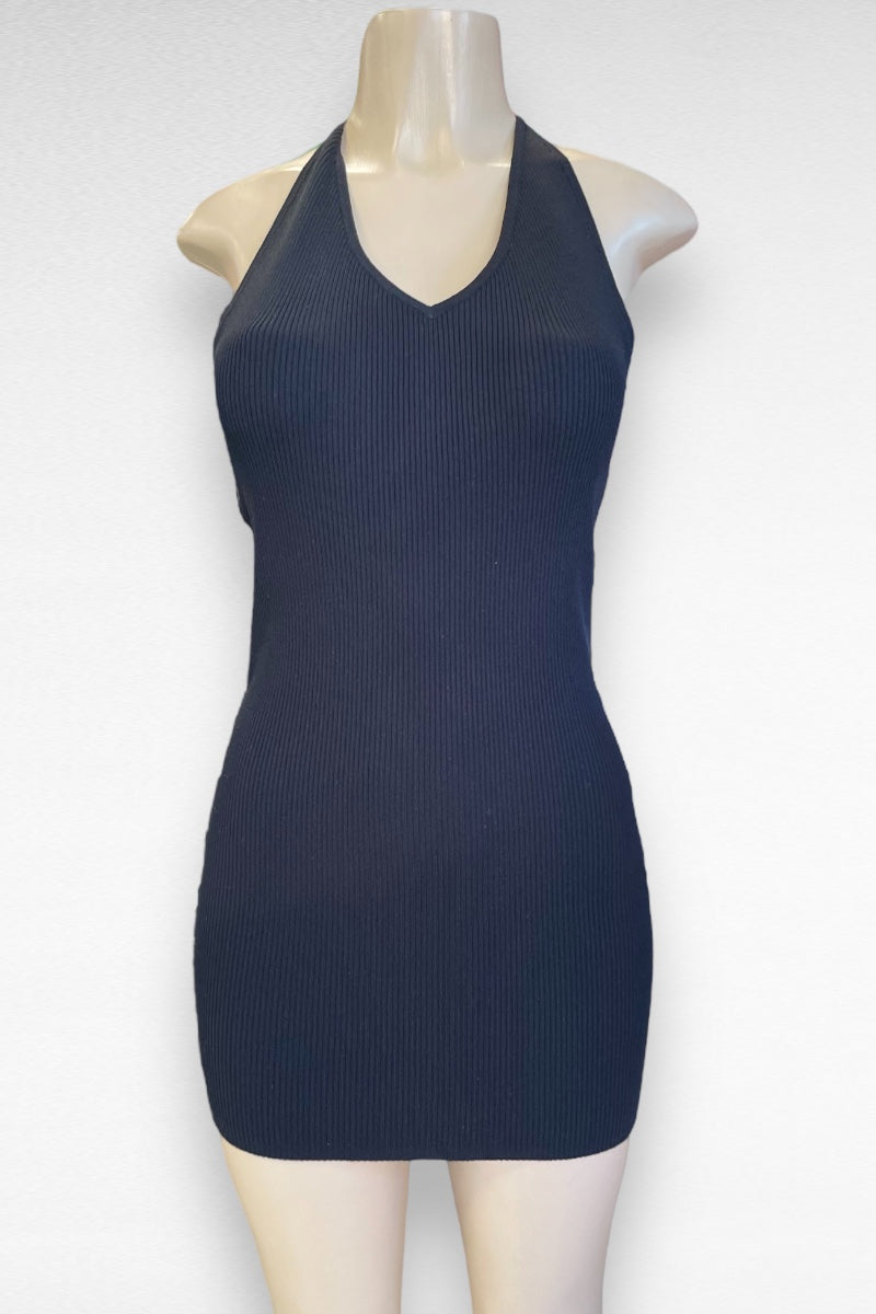 Open Side Buttons Halter Ribbed Dress