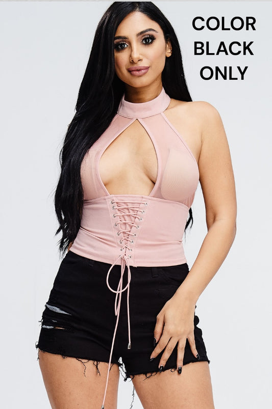 Mock Neck Halter Front Lace Up Top