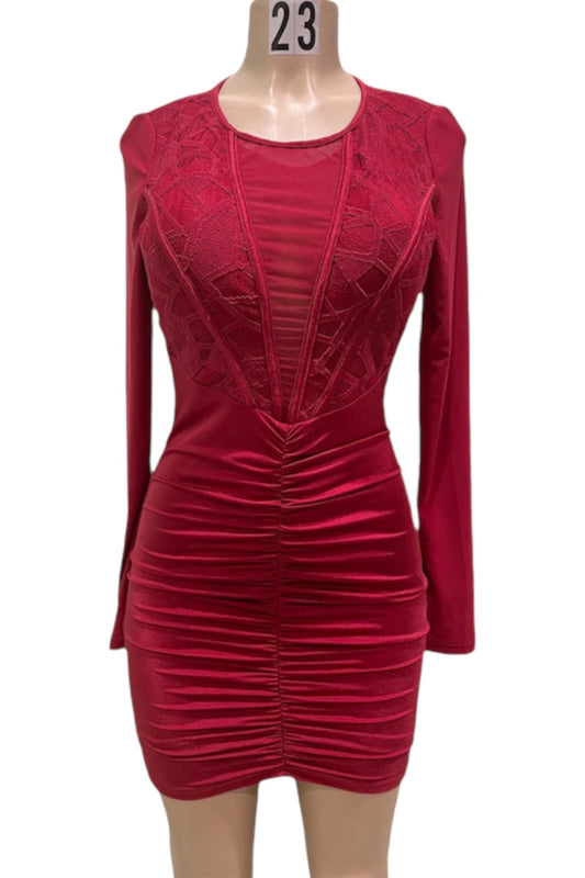 Plunge Ruched Lace & Mesh Insert Bodycon Dress