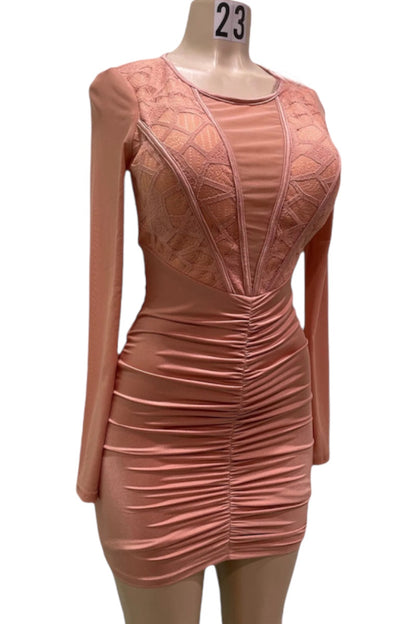 Plunge Ruched Lace & Mesh Insert Bodycon Dress
