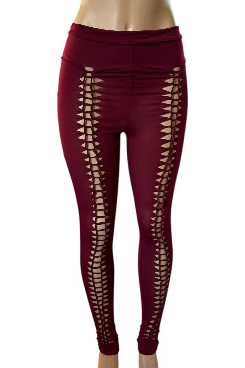 Burgundy leggings with cut-out design on a white background