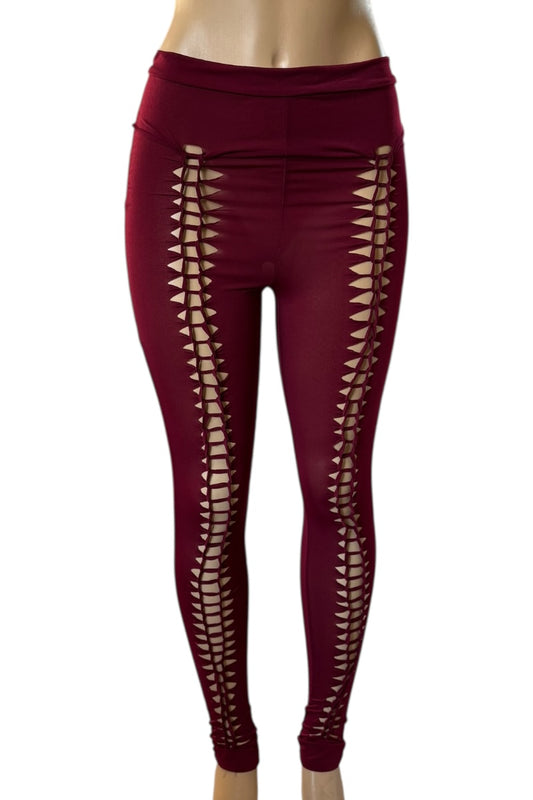 Burgundy leggings with cut-out design on a white background